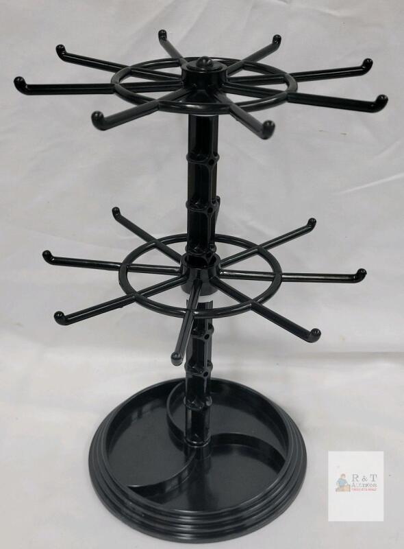 Two-Tier Rotating Necklace Holder Stand, 16 Hooks, 11.5" Tall, Black Plastic, NEW