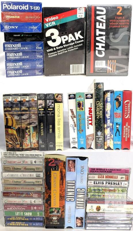 Large Vintage Media Lot: VHS Movies, Christmas CDs/Tapes, Blank VHS, Storage Sealed, Titanic Set