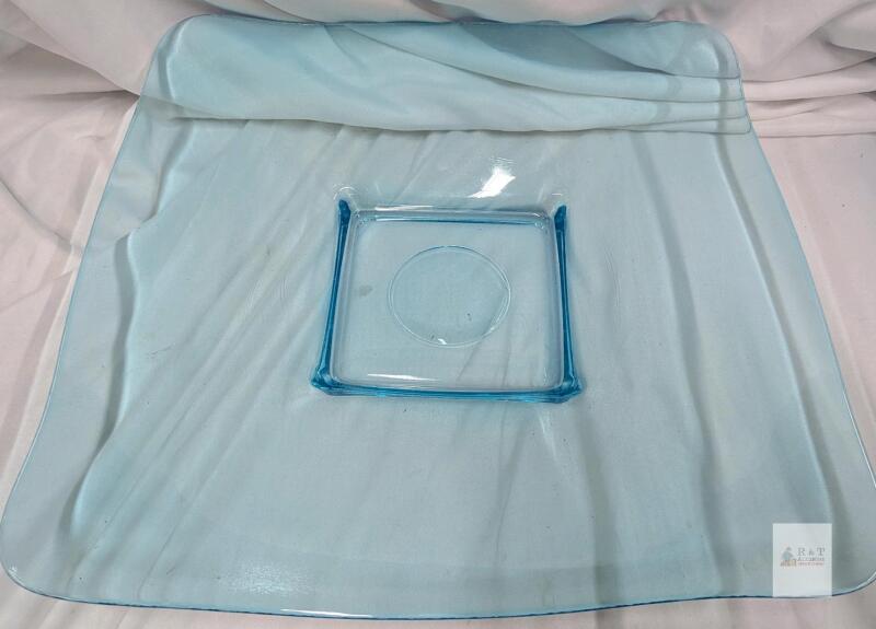Square Light Blue Glass Serving Platter with Raised Center Section, 15" x 15"