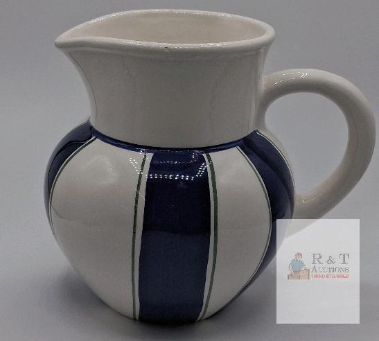 Diva Portugal Ceramic Pitcher &ndash; White & Blue Stripe, 1.5 Qt, Hand-Painted, Model Marked