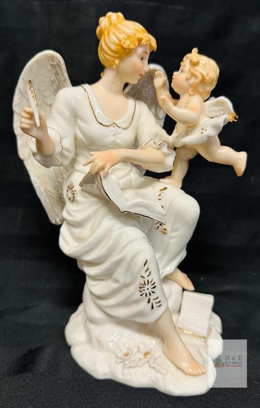 Porcelain Angel and Cherub Figurine 7.25" China Marked, Gold Accents, Book & Flowers