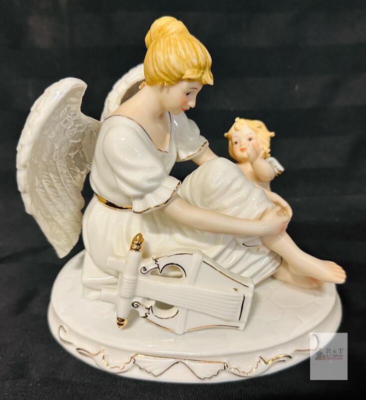 Tilso Japan Porcelain Angel Figurine, 5.5" Tall, Seated with Cherub and Lyre, Gold Accents