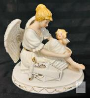 Tilso Japan Porcelain Angel Figurine, 5.5" Tall, Seated with Cherub and Lyre, Gold Accents