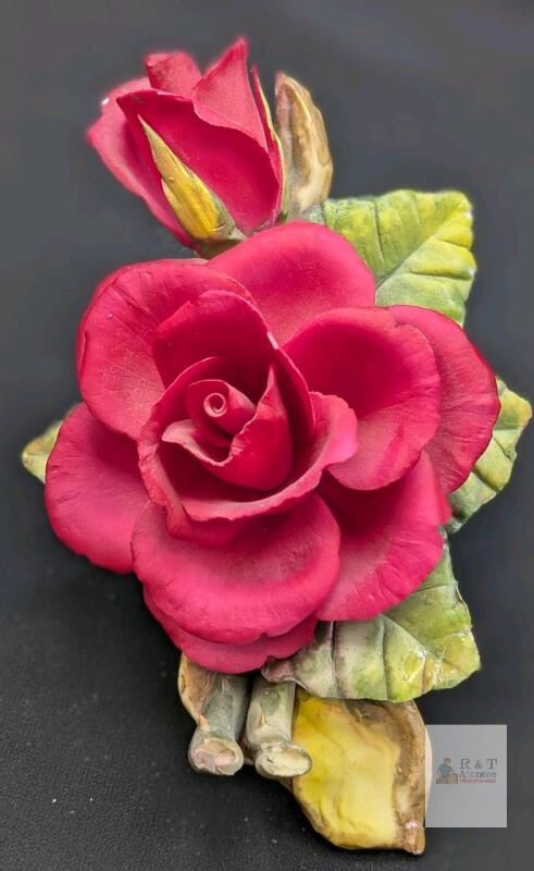 Vintage BIRKS Porcelain Red Roses Figure, 4" Tall, Small Chips & Flaking Present, Writing On Bottom
