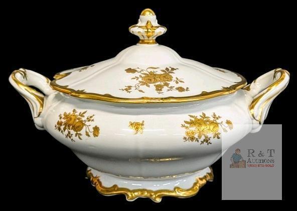 Vintage East Germany Echt Weimar Karherine #17010 Porcelain Soup Tureen, Gold Roses, No Chips or Cracks, Shelf-Wear To Bottom, 9" Tall