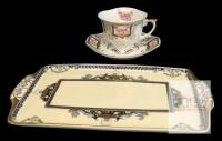 Vintage Noritake Japan Porcelain Peacock & Fountain Tray 11" &times; 6" & Handpainted Shafford Japan Square Pink Flowers & Gilding Teacup & Saucer, No Chips or Cracks