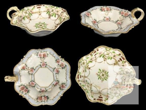 2 Antique to Vintage Handpainted Nippon Nut Dishes With Raised Gold Beads and Handles, 6.4" &times; 5.5" &times; 2.25" High, No Chips or Cracks