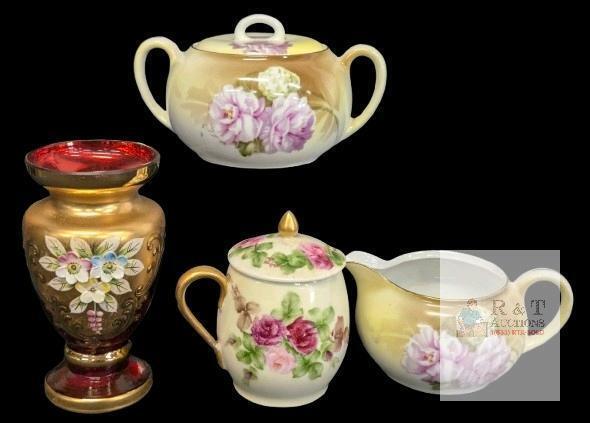 Vintage R.S. Germany Creamer & Lidded Sugar Dish With Pink / White Flowers, J&C "Orid" Lidded Floral Mustard Jar & RTL Czechoslovakia Habd Decorated Mini Vase 4.25" - No Chips or Cracks