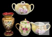 Vintage R.S. Germany Creamer & Lidded Sugar Dish With Pink / White Flowers, J&C "Orid" Lidded Floral Mustard Jar & RTL Czechoslovakia Habd Decorated Mini Vase 4.25" - No Chips or Cracks