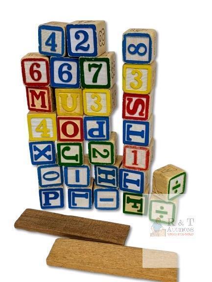 Vintage Wood Wooden Toy Blocks Letters, Numbers & Animals Red/Green Yellow/Blue, 1.15" High