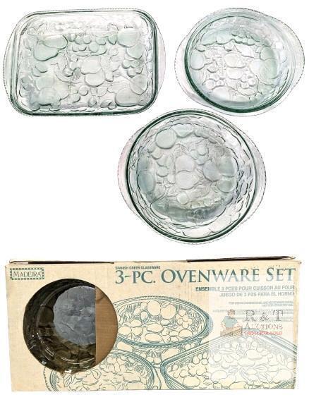Vintage NOS Madeira 3pc Spanish Green Glassware Ovenware Set, For Conventional & Microwave Ovens, With Original Box: Large Round Casserole Dish, Rectangular Baking Dish & 9" Pie Dish (Also Works As Lid!) , Up To 11.2" &times; 10" &times; 3.35" High