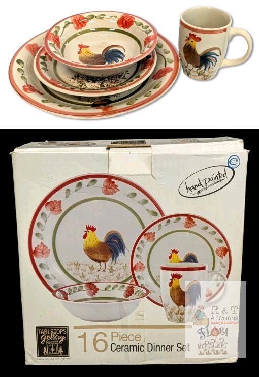 Tabletops Gallery Handpainted 16pc Ceramic Rooster Chicken Dinner Set, 4 Each Dinner Plates, Salad Plates, Cereal Bowls & Mugs, No Chips or Cracks, Excellent Condition, Microwave & Dishwasher Safe