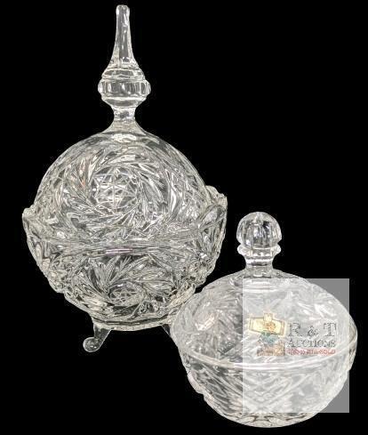 2 Vintage Lead Crystal Lidded Pinwheel Candy Dishes / Candy Boxes With Etched 6-Pointed Stars : Up To 9.75" No Chips or Cracks