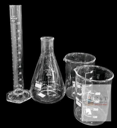 4pc New Scientific Glass Vessels: 500ml Erlenmeyer Flask, 2&times; 500ml Beakers & 100ml Erlenmeyer Flask, Up To 10.25" Tall