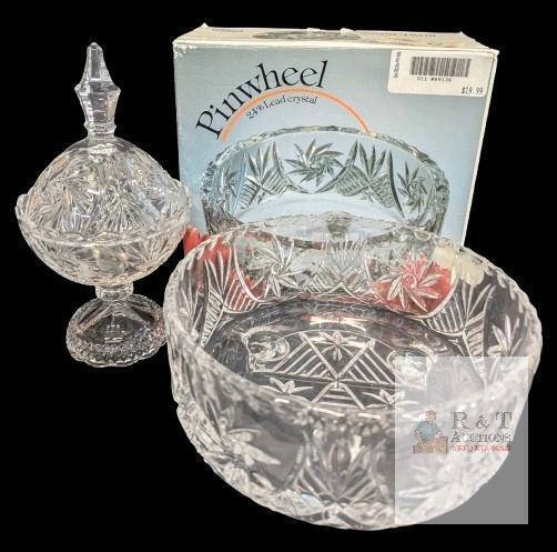 Vintage Bohemia Czech Republic Lead Crystal Pinwheel Bowl 8"d &times; 3.5" Tall Bought From Sears & Pressed Glass Pinwheel-Style Lidded Candy Dish, Rough Spots Can Be Felt Around Dish, No Chips or Cracks on Bowl