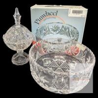 Vintage Bohemia Czech Republic Lead Crystal Pinwheel Bowl 8"d &times; 3.5" Tall Bought From Sears & Pressed Glass Pinwheel-Style Lidded Candy Dish, Rough Spots Can Be Felt Around Dish, No Chips or Cracks on Bowl