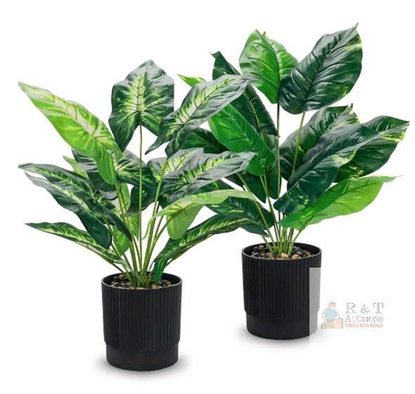 new DerRose Artificial Potted Plants, 2 Pack, 16-Inch Tall, Decorative Green Foliage, Black Pots