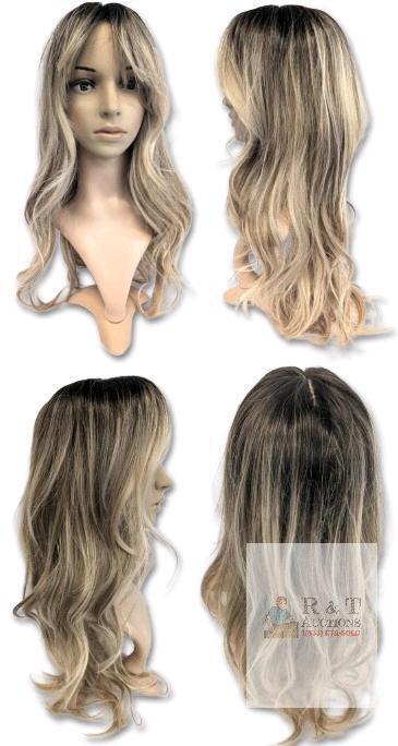 New 22" Long Ash Linen Blonde Wig With Bangs Synthetic Wavy PuffPro Voluminous High Crown Wigs for Women, 4x4'' Parting Realistic Scalp