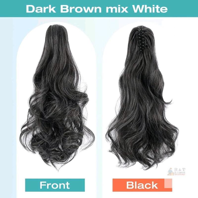 New Dark Brown Mixed White Ponytail Extension, 16" Claw Clip in Ponytail Extensions Curly Wavy Ponytail Hair Extension Jaw Clip on Long Pony Tails Hairpiece for Women Synthetic