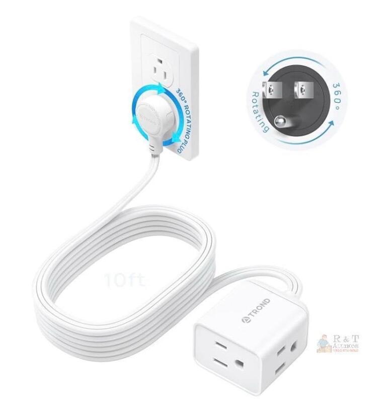 TROND TD-EC-US01X 10ft Extension Cord, 3 Outlets, 360&deg; Rotating Slim Plug, 16/3 Gauge, 125V