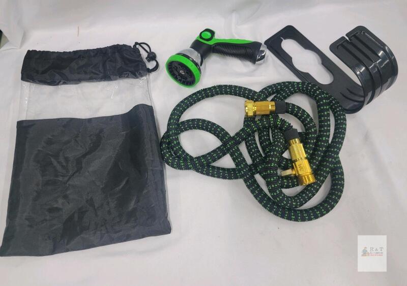 new Expandable Garden Hose Kit 50ft, Brass Fittings, 8-Function Spray Nozzle, Holder, Storage Bag