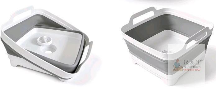 Collapsible Dish Tub with Drain Plug, 2.4 Gallon Capacity, White and Gray new