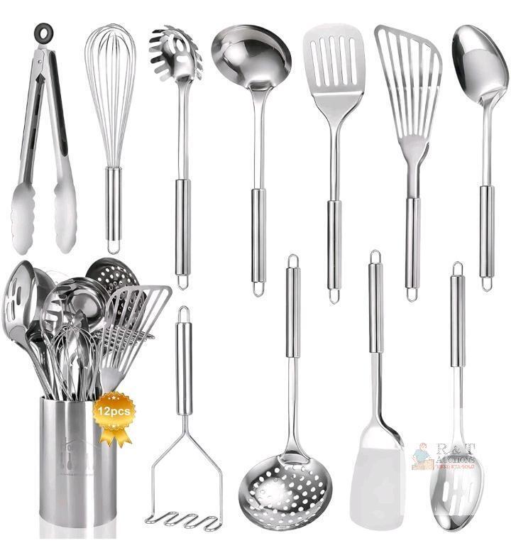 new 12-Piece Stainless Steel Kitchen Utensil Set with Holder, BPA-Free, Food Grade, Hanging Loops