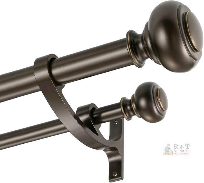 As-New (Some Screws May Be Missing) Heavy Duty Drapery Rod with Aluminum Alloy Brackets, Adjustable 1-Inch Front and 5/8 Inch Back Double Window Rod with Classic Finials (Antique Brown, 72-144")