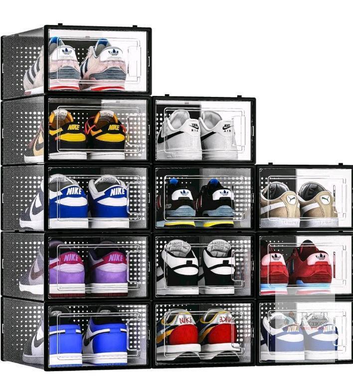 12-Pack Stackable Plastic Shoe Storage Boxes, Drop-Front Doors, Fits Up to Men&rsquo;s Size 12, 13"x9"x6"