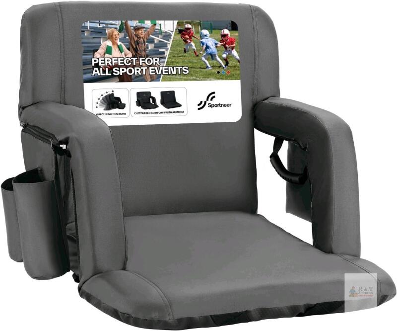 New Sportneer Stadium Seats with Back Support: 2.5'' Thick Comfy Cushion 6 Adjustable Angle Bleacher Seat with Armrest - 2 Large Pockets, 2 Cup Holders Stadium Chair for Sport Events Concerts Parks