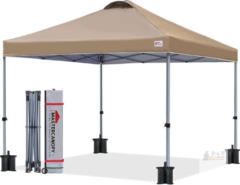 10ft &times; 10ft MasterCanopy Durable Pop Up Canopy Tent with Roller Bag, Khaki 1-Person Setup, Durable Frame, UPF50+ Water Resistant, 3 Height Adjust, 4 Sandbags, 4 Ropes & 8 Stakes, Beach / Camping /Market - Set Up Once, Good Condition, Hole in Storage Bag B