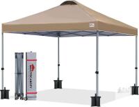 10ft &times; 10ft MasterCanopy Durable Pop Up Canopy Tent with Roller Bag, Khaki 1-Person Setup, Durable Frame, UPF50+ Water Resistant, 3 Height Adjust, 4 Sandbags, 4 Ropes & 8 Stakes, Beach / Camping /Market - Set Up Once, Good Condition, Hole in Storage Bag B