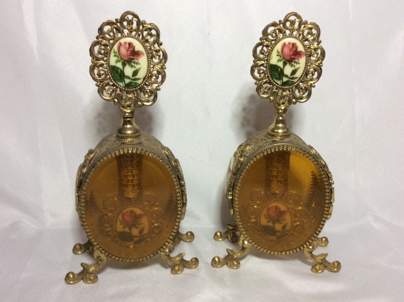 2 Vintage Ornate Brass Perfume Bottles