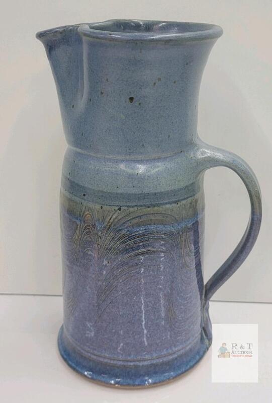 Hand Thrown Stoneware Pottery Pitcher, Blue Glaze, Signed Studio Art Jug