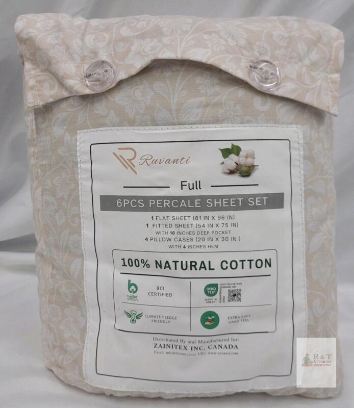 Ruvanti Full Size 6-Piece Percale Sheet Set, 100% Cotton, 81"x96" Flat/54"x75" Fitted, 4 Pillowcases