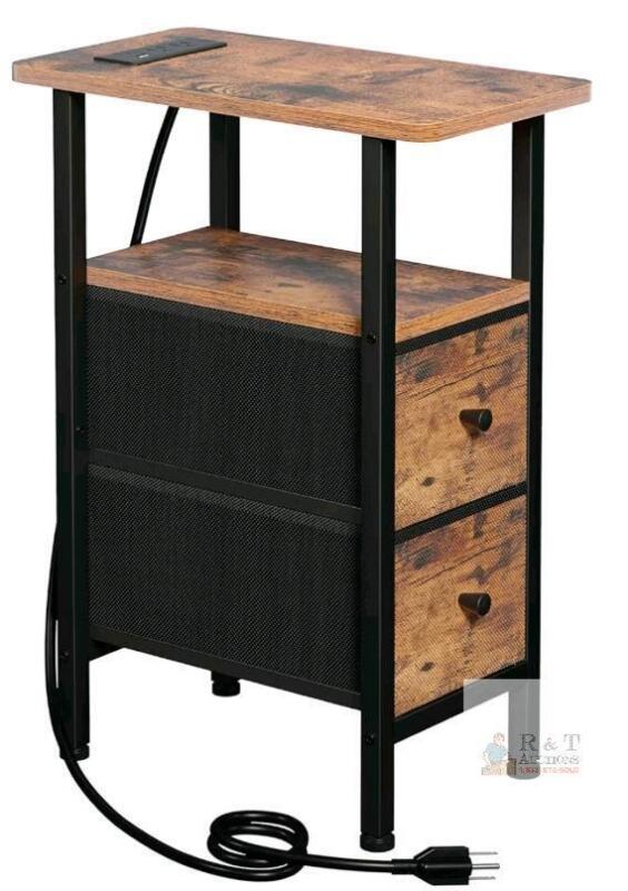 LOAKEKEL Narrow Side Table, 2 Drawer Nightstand, Power Outlets, 15.7" Rustic Brown, Model HETNDP02BR-1
