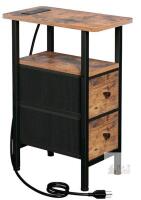 LOAKEKEL Narrow Side Table, 2 Drawer Nightstand, Power Outlets, 15.7" Rustic Brown, Model HETNDP02BR-1