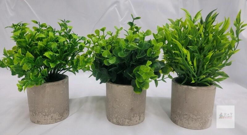 Set of 3 Artificial Potted Plants &ndash; Concrete Pots, Mixed Faux Greenery, 6&ndash;9" Tall, Indoor Decor