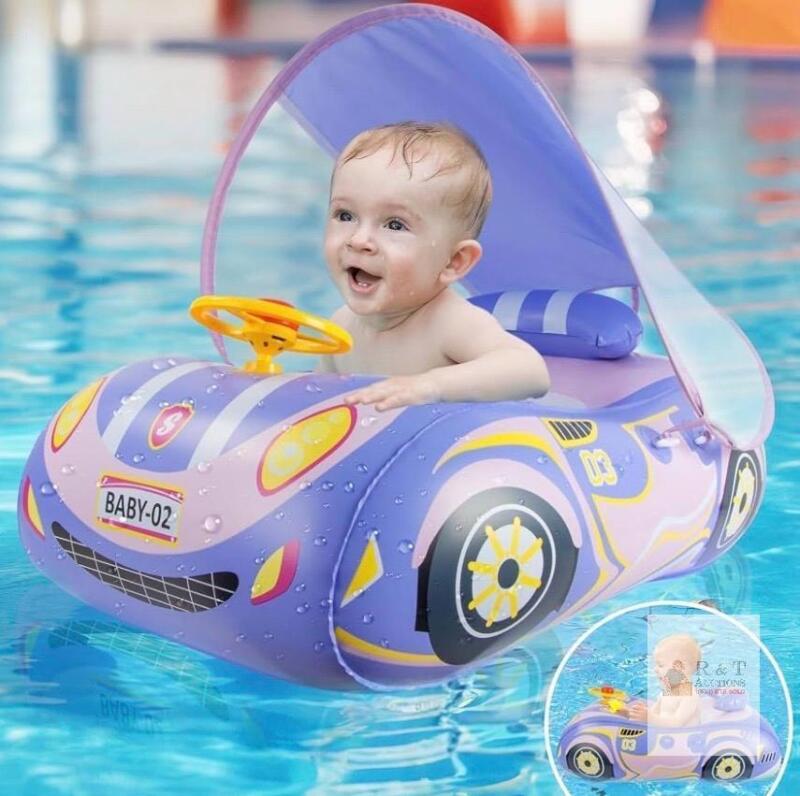 Inflatable Baby Swimming Car Float with Canopy, Purple, Model BABY-02, Steering Wheel, 6-36M 48 hr warranty