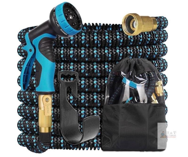 Expandable Garden Hose Kit 50ft, 8-Pattern Nozzle, Brass Fittings, Hanger & Storage Bag, FPN N F8D