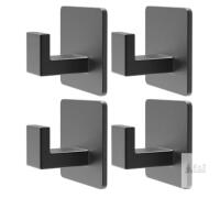 Set of 4 Matte Black Aluminum Adhesive Wall Hooks, 1.77 x 1.77 inches, 11 lbs Capacity