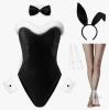 RSLOVE Women's Bunny Costume Set XXL Black, Bodysuit, Ears, Fishnet Stockings, Faux Fur Trim