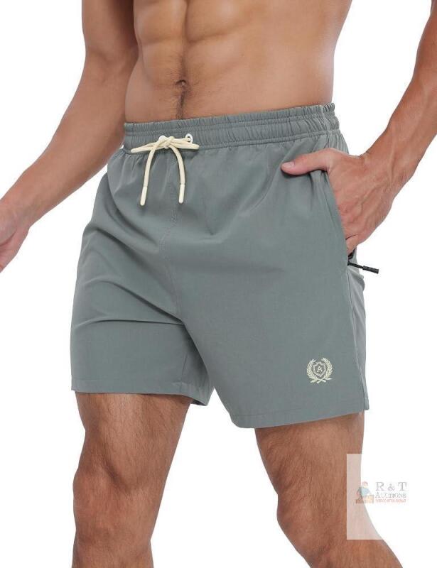 APTRO Men's 2XL Grey Swim Shorts, 92% Polyester 8% Elastane, Elastic Waist, Zippered Pocket