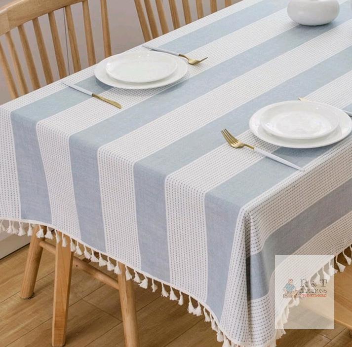 TruDelve 55"x70" Rectangle Blue Striped Cotton Linen Tablecloth with Tassels, Washable, New