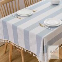 TruDelve 55"x70" Rectangle Blue Striped Cotton Linen Tablecloth with Tassels, Washable, New
