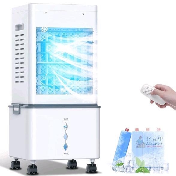Portable Evaporative Air Cooler, 6-Speed, 2 Modes, Remote, Ice Packs, 10"x9"x23" White