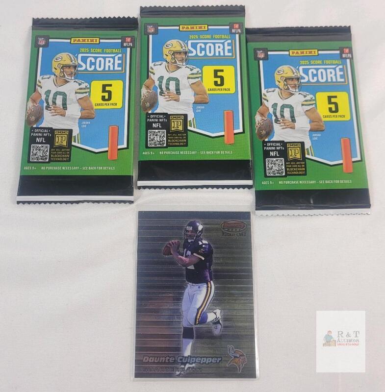 2025 Panini Score NFL Football Sealed Trading Card Wax Packs &times;3 & 1999 Bowmans Best NFL Football Daunte Culpepper Rookie Card #107