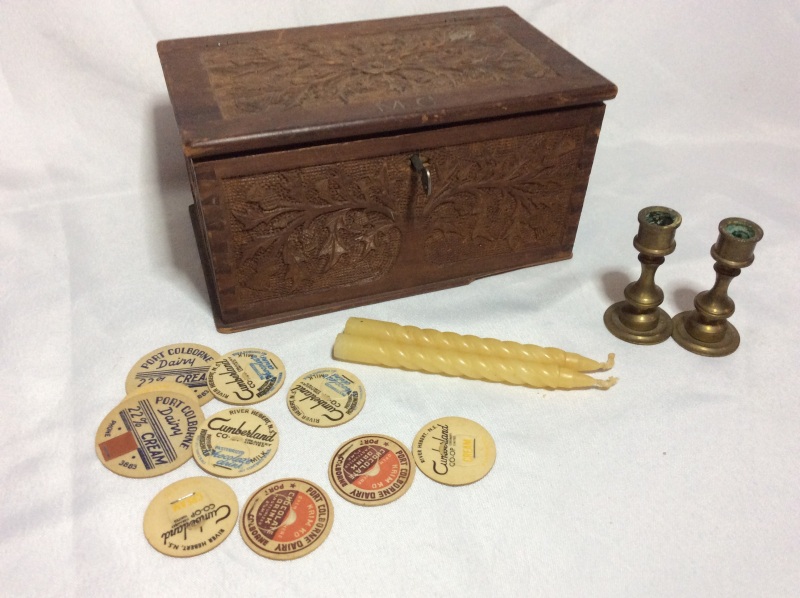 Carved Wooden Box Brass Candle Holders Milk Bottle Tops