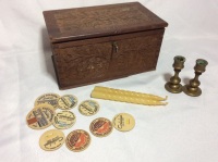 Carved Wooden Box Brass Candle Holders Milk Bottle Tops