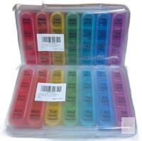 2 NEW (color may vary) Zoksi 28-Slot Weekly Pill Organizer, Multicolor, 4 Times/Day, Snap Shut, Backup Slot